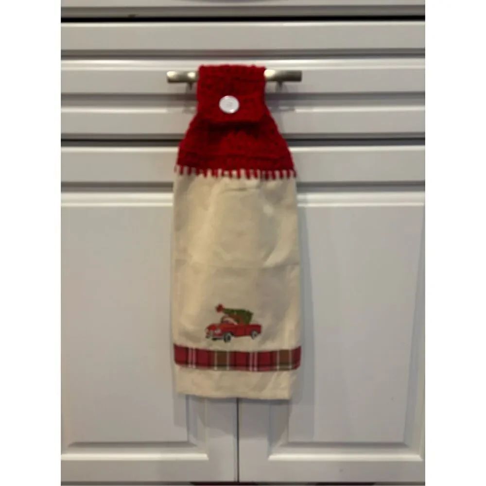 Crochet Top Kitchen Towel-Red truck with reee
